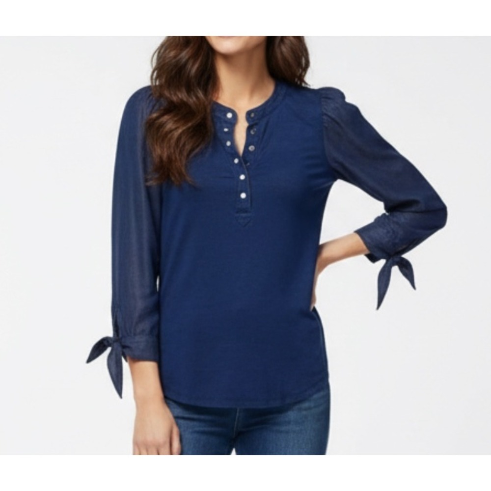 CHICO'S Dark Blue CHAMBRAY & KNIT TOP Tie Puff Sleeves TENCEL Pearl Snaps 1/M